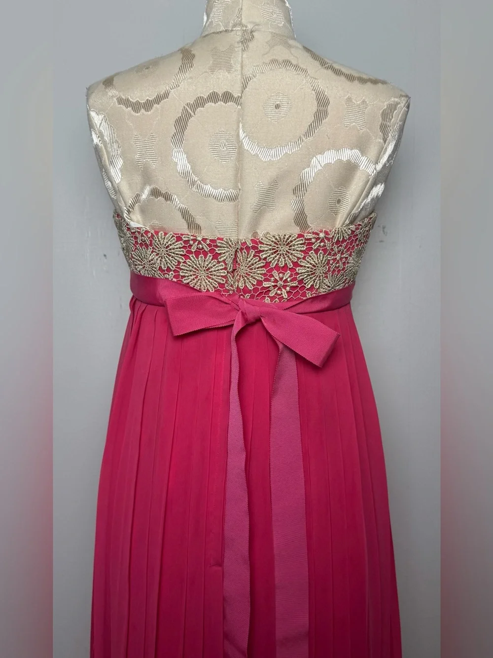 Lilly Pulitzer Pink Pleated Strapless Gold Lace Formal Gown Sz S - Picture 10 of 16